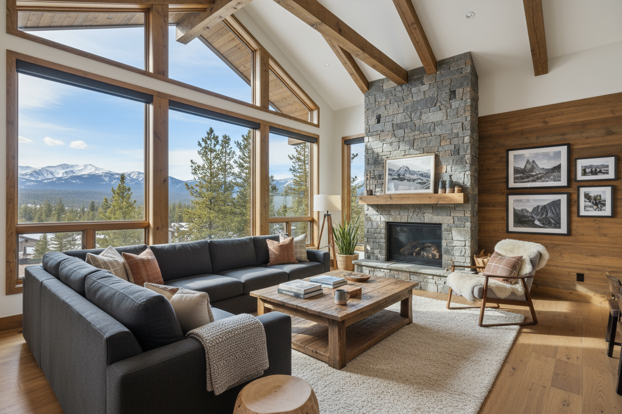 dark colored sectional couch in a well lite family room in the mountains on utah 