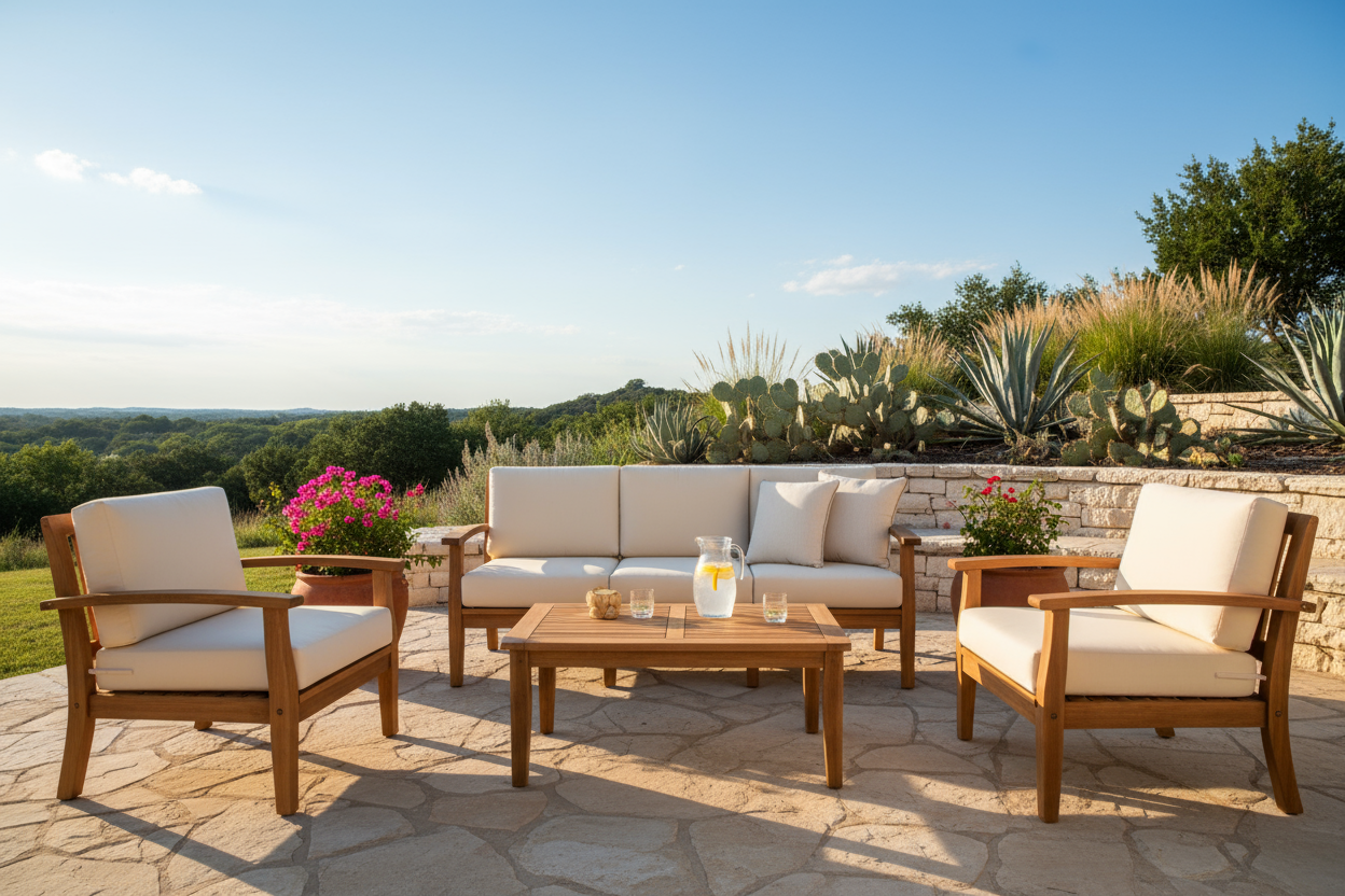 outdoor solid wood patio set with cream colored cushions outside on a patio in the summer time in austin texas 
